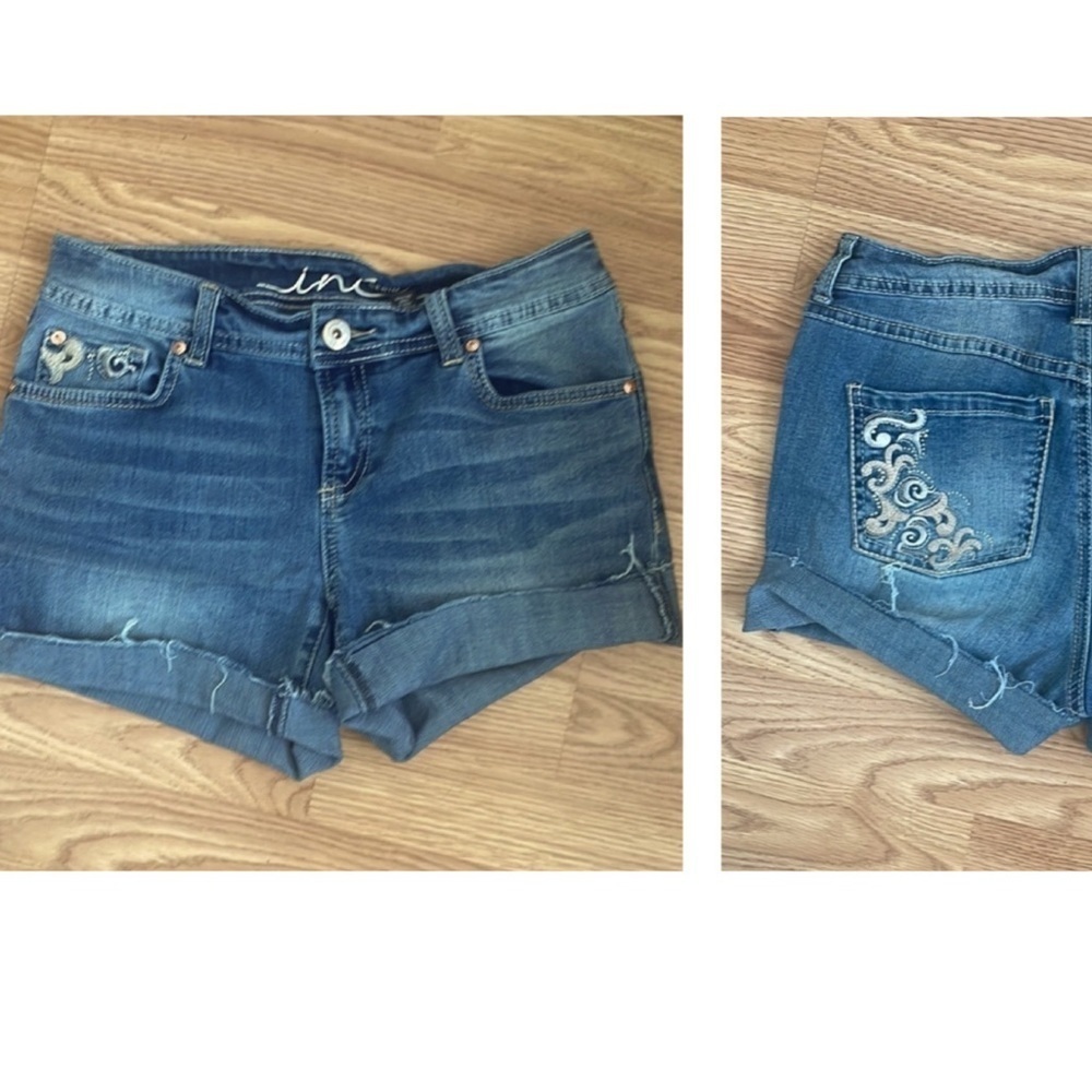 INC embellished cut off raw hem blue denim distressed jean shorts med wash 4